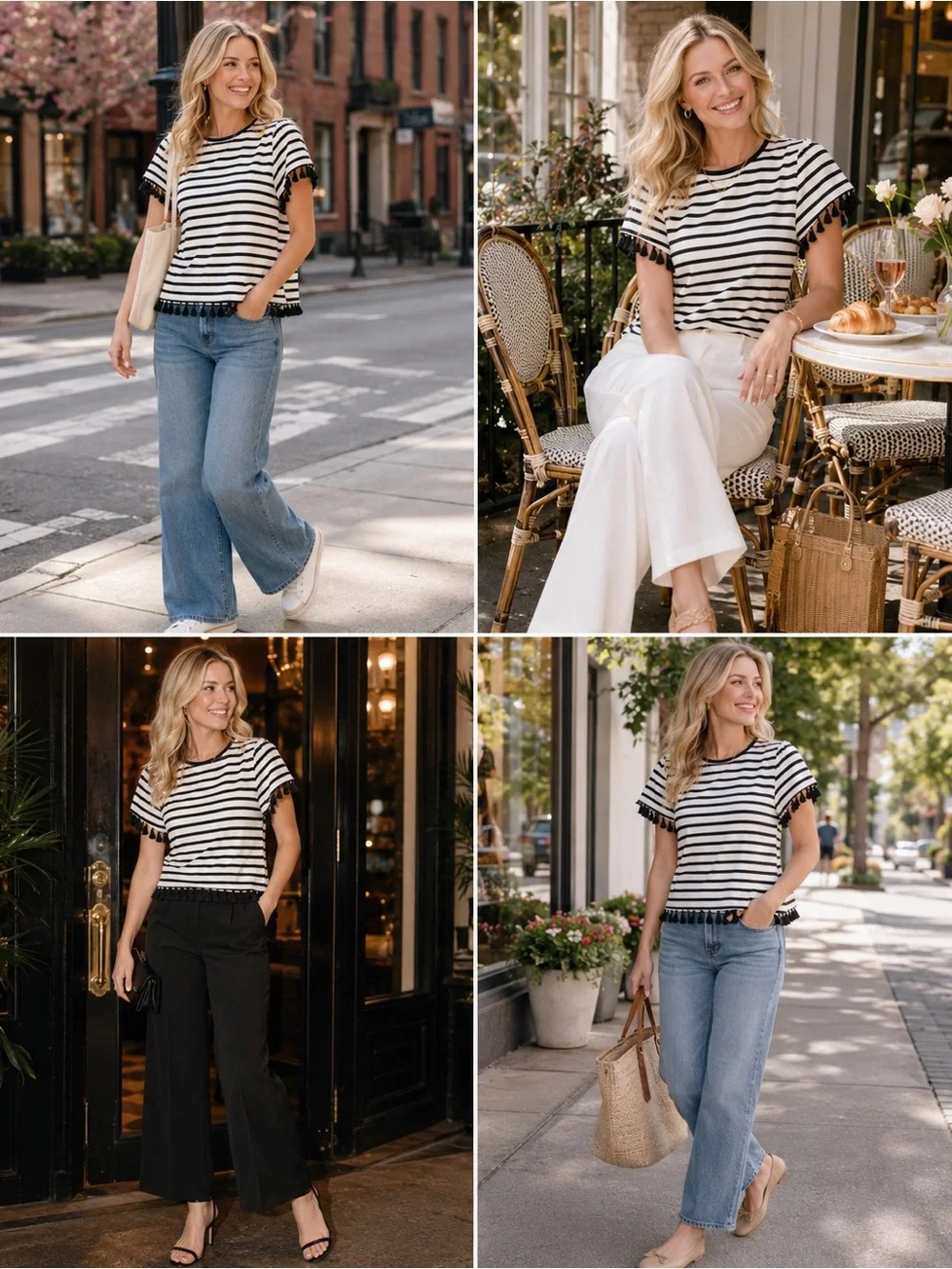 Kate Spade Black and White Striped Short-Sleeve Tassel Trim Top Size Large